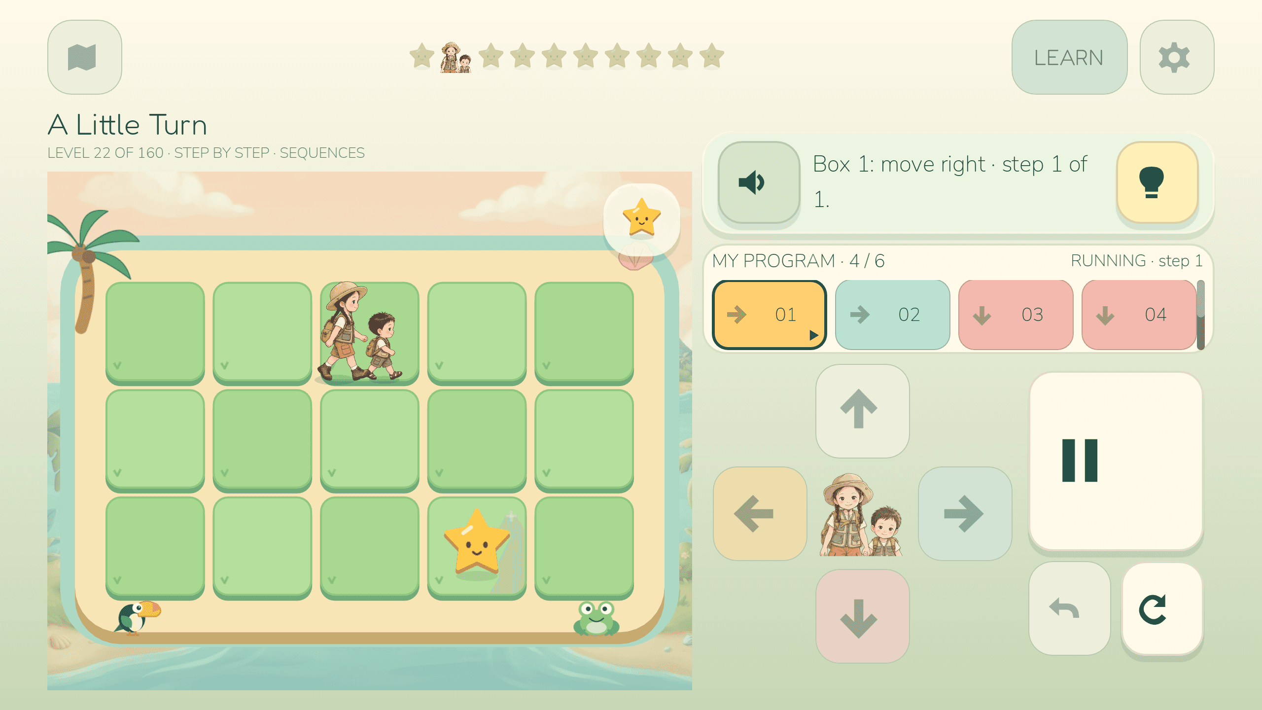 Ateyata Kids app showing the A Little Turn lesson, a green puzzle board, and arrow programming controls