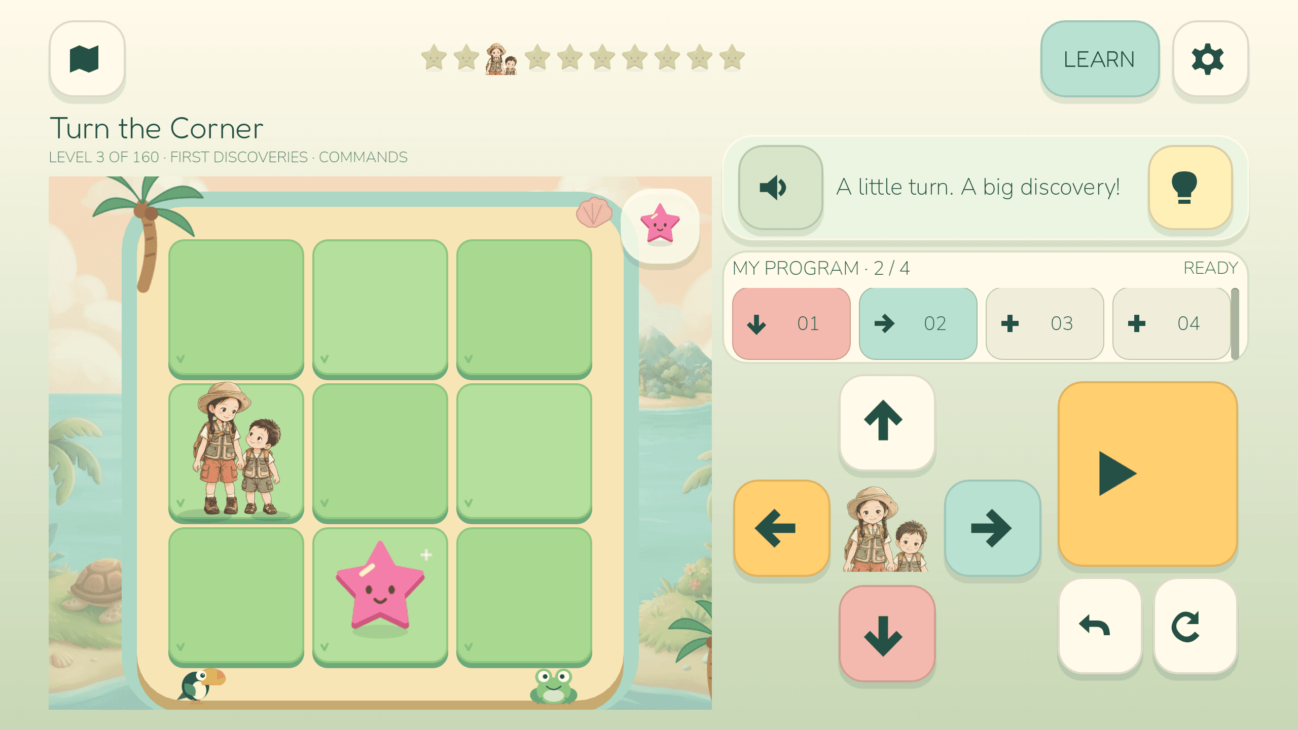 Ateyata Kids Turn the Corner lesson with the explorer, a pink star, and a sequence of arrow commands